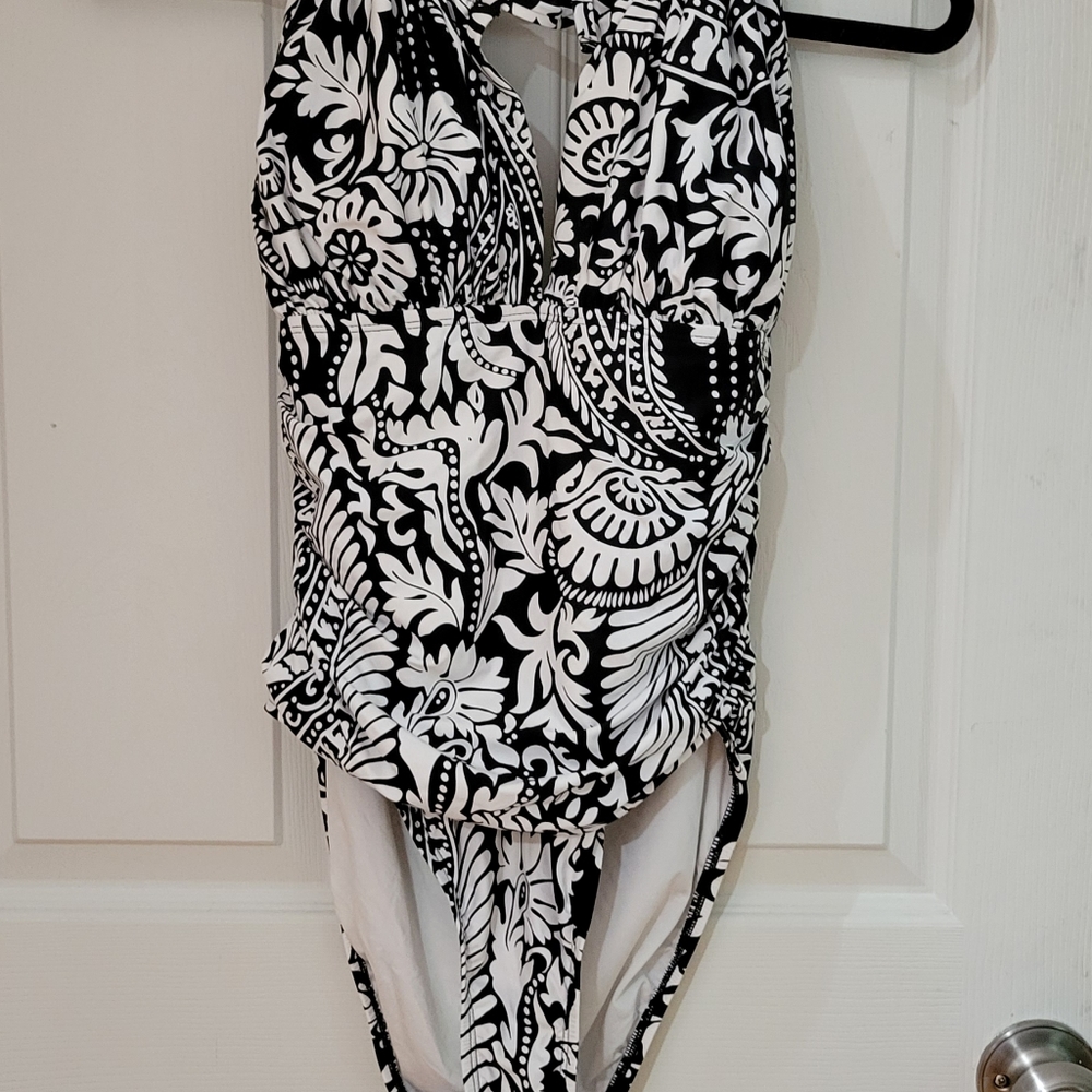 Black & white halter one-piece swimsuit